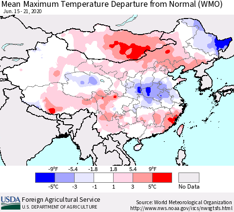 China, Mongolia and Taiwan Mean Maximum Temperature Departure from Normal (WMO) Thematic Map For 6/15/2020 - 6/21/2020