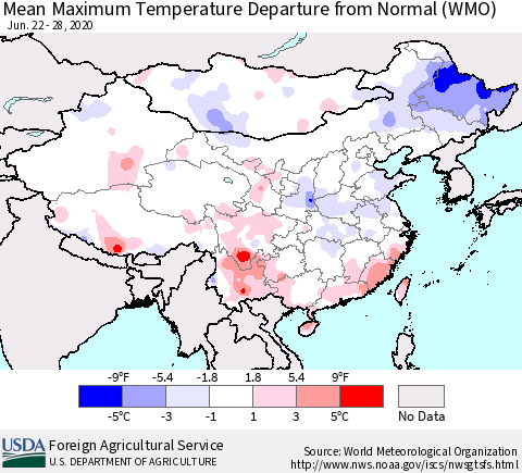 China, Mongolia and Taiwan Mean Maximum Temperature Departure from Normal (WMO) Thematic Map For 6/22/2020 - 6/28/2020