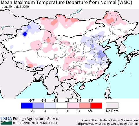 China, Mongolia and Taiwan Mean Maximum Temperature Departure from Normal (WMO) Thematic Map For 6/29/2020 - 7/5/2020