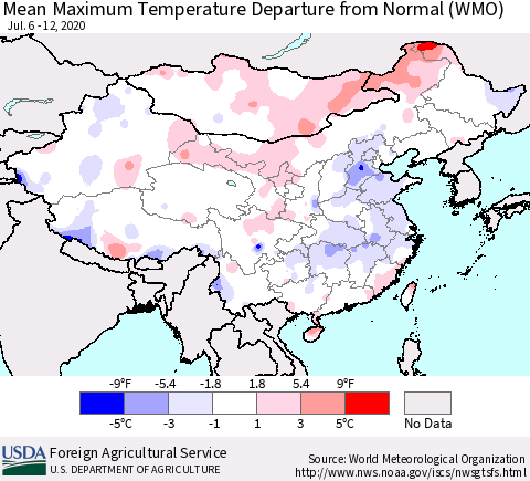 China, Mongolia and Taiwan Mean Maximum Temperature Departure from Normal (WMO) Thematic Map For 7/6/2020 - 7/12/2020