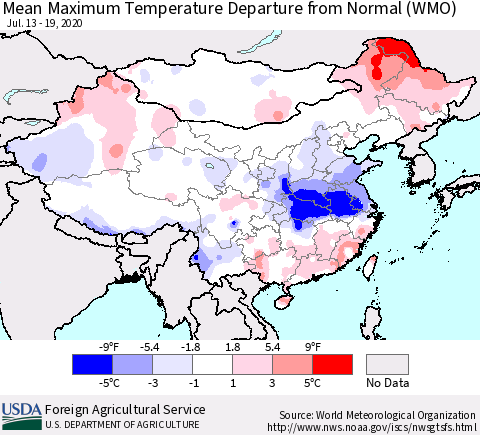 China, Mongolia and Taiwan Mean Maximum Temperature Departure from Normal (WMO) Thematic Map For 7/13/2020 - 7/19/2020