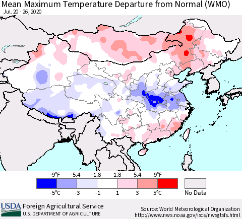 China, Mongolia and Taiwan Mean Maximum Temperature Departure from Normal (WMO) Thematic Map For 7/20/2020 - 7/26/2020
