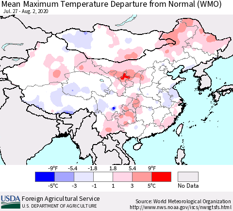 China, Mongolia and Taiwan Mean Maximum Temperature Departure from Normal (WMO) Thematic Map For 7/27/2020 - 8/2/2020