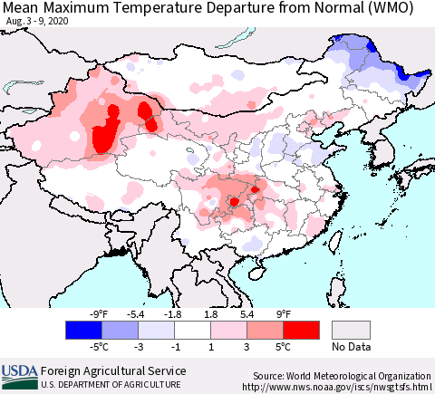 China, Mongolia and Taiwan Mean Maximum Temperature Departure from Normal (WMO) Thematic Map For 8/3/2020 - 8/9/2020