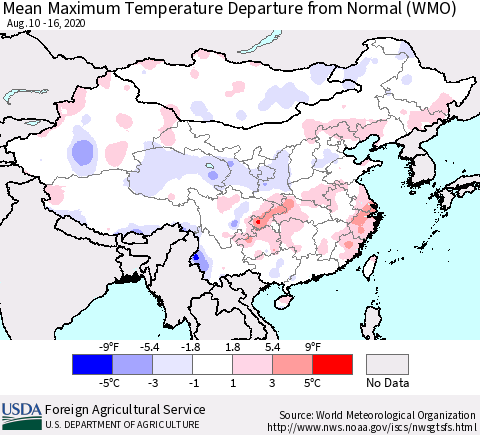 China, Mongolia and Taiwan Mean Maximum Temperature Departure from Normal (WMO) Thematic Map For 8/10/2020 - 8/16/2020