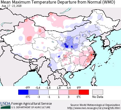 China, Mongolia and Taiwan Mean Maximum Temperature Departure from Normal (WMO) Thematic Map For 8/17/2020 - 8/23/2020