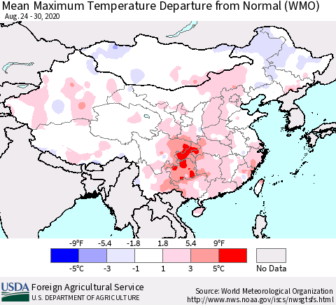 China, Mongolia and Taiwan Mean Maximum Temperature Departure from Normal (WMO) Thematic Map For 8/24/2020 - 8/30/2020