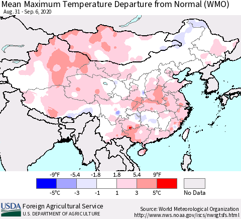 China, Mongolia and Taiwan Mean Maximum Temperature Departure from Normal (WMO) Thematic Map For 8/31/2020 - 9/6/2020