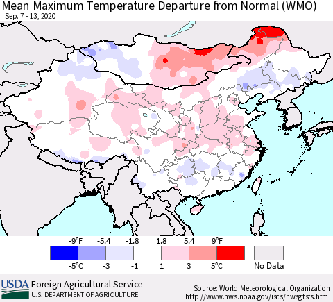 China, Mongolia and Taiwan Mean Maximum Temperature Departure from Normal (WMO) Thematic Map For 9/7/2020 - 9/13/2020