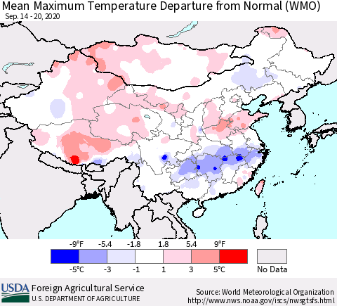 China, Mongolia and Taiwan Mean Maximum Temperature Departure from Normal (WMO) Thematic Map For 9/14/2020 - 9/20/2020