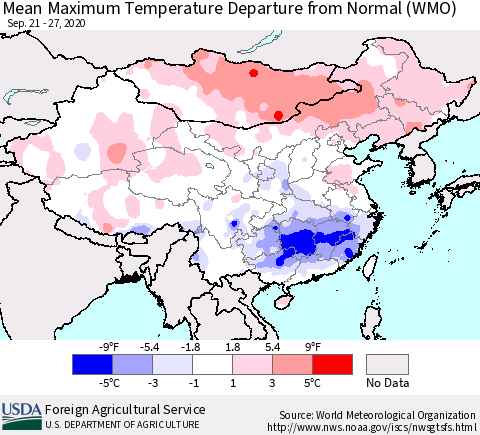 China, Mongolia and Taiwan Mean Maximum Temperature Departure from Normal (WMO) Thematic Map For 9/21/2020 - 9/27/2020