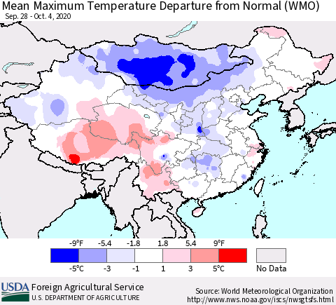 China, Mongolia and Taiwan Mean Maximum Temperature Departure from Normal (WMO) Thematic Map For 9/28/2020 - 10/4/2020