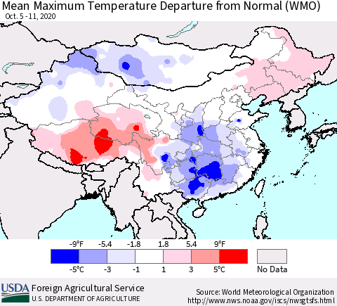 China, Mongolia and Taiwan Mean Maximum Temperature Departure from Normal (WMO) Thematic Map For 10/5/2020 - 10/11/2020