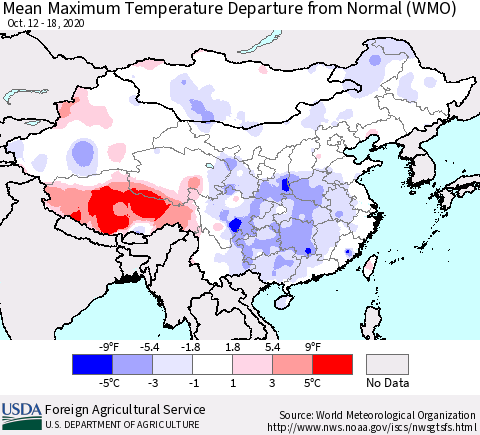 China, Mongolia and Taiwan Mean Maximum Temperature Departure from Normal (WMO) Thematic Map For 10/12/2020 - 10/18/2020