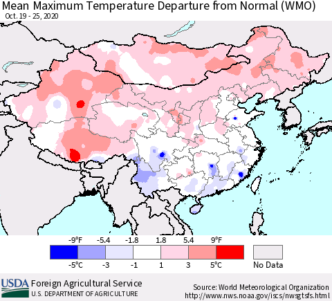 China, Mongolia and Taiwan Mean Maximum Temperature Departure from Normal (WMO) Thematic Map For 10/19/2020 - 10/25/2020