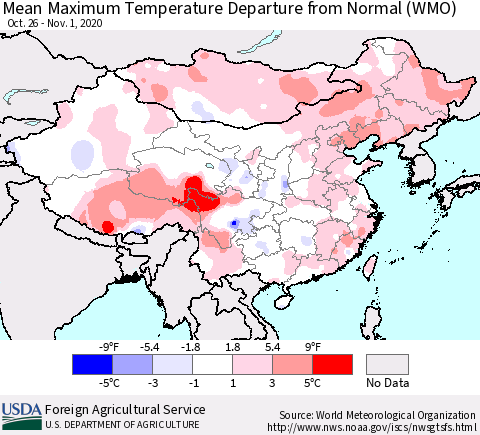 China, Mongolia and Taiwan Mean Maximum Temperature Departure from Normal (WMO) Thematic Map For 10/26/2020 - 11/1/2020