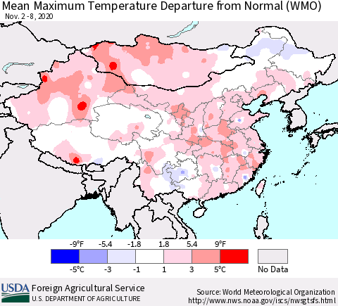 China, Mongolia and Taiwan Mean Maximum Temperature Departure from Normal (WMO) Thematic Map For 11/2/2020 - 11/8/2020