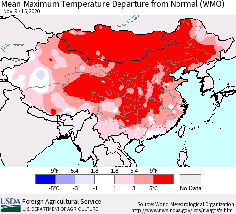 China, Mongolia and Taiwan Mean Maximum Temperature Departure from Normal (WMO) Thematic Map For 11/9/2020 - 11/15/2020