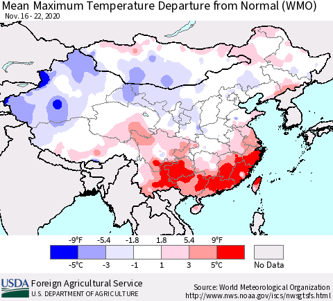 China, Mongolia and Taiwan Mean Maximum Temperature Departure from Normal (WMO) Thematic Map For 11/16/2020 - 11/22/2020