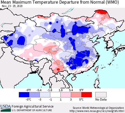 China, Mongolia and Taiwan Mean Maximum Temperature Departure from Normal (WMO) Thematic Map For 11/23/2020 - 11/29/2020