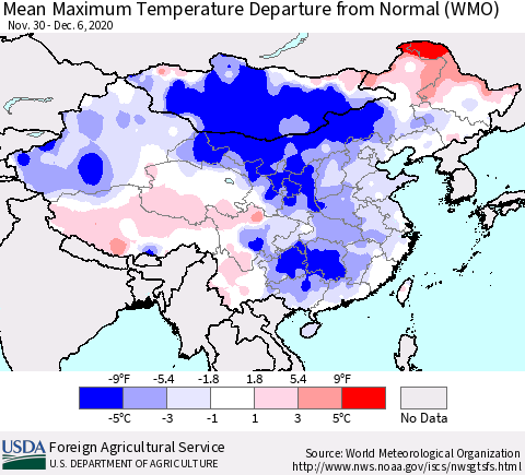 China, Mongolia and Taiwan Mean Maximum Temperature Departure from Normal (WMO) Thematic Map For 11/30/2020 - 12/6/2020