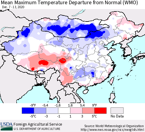 China, Mongolia and Taiwan Mean Maximum Temperature Departure from Normal (WMO) Thematic Map For 12/7/2020 - 12/13/2020