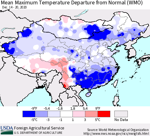 China, Mongolia and Taiwan Mean Maximum Temperature Departure from Normal (WMO) Thematic Map For 12/14/2020 - 12/20/2020