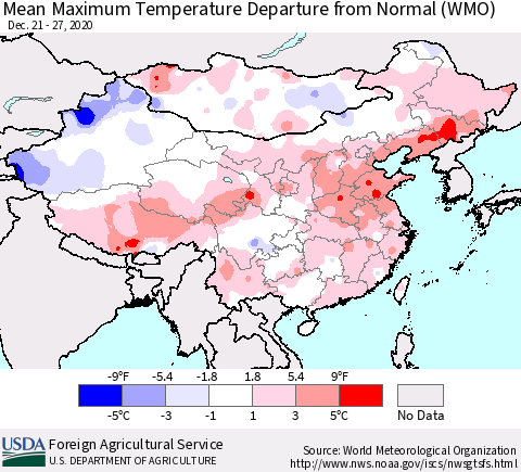 China, Mongolia and Taiwan Mean Maximum Temperature Departure from Normal (WMO) Thematic Map For 12/21/2020 - 12/27/2020