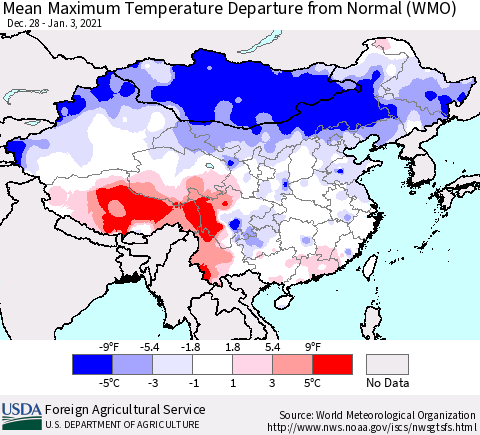 China, Mongolia and Taiwan Mean Maximum Temperature Departure from Normal (WMO) Thematic Map For 12/28/2020 - 1/3/2021