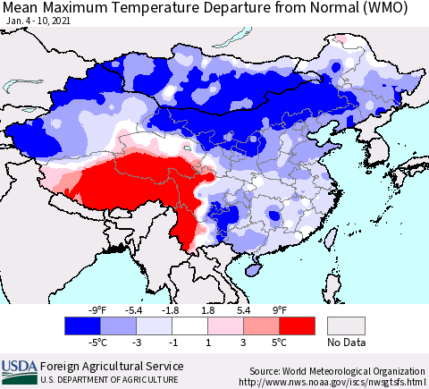 China, Mongolia and Taiwan Mean Maximum Temperature Departure from Normal (WMO) Thematic Map For 1/4/2021 - 1/10/2021