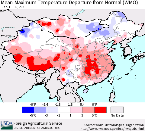 China, Mongolia and Taiwan Mean Maximum Temperature Departure from Normal (WMO) Thematic Map For 1/11/2021 - 1/17/2021