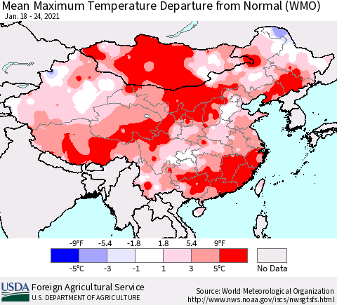 China, Mongolia and Taiwan Mean Maximum Temperature Departure from Normal (WMO) Thematic Map For 1/18/2021 - 1/24/2021
