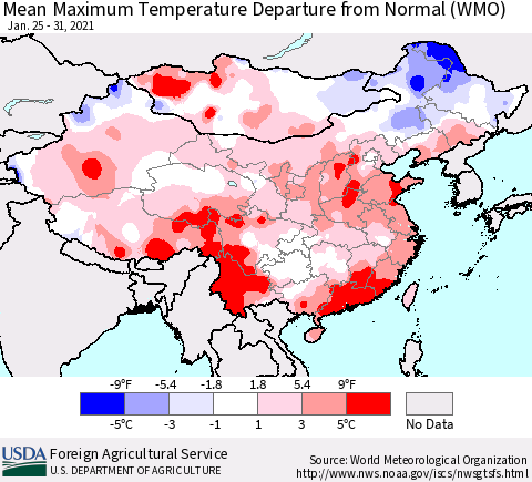 China, Mongolia and Taiwan Mean Maximum Temperature Departure from Normal (WMO) Thematic Map For 1/25/2021 - 1/31/2021