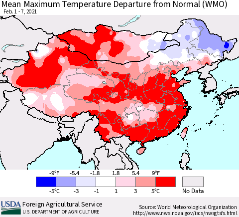China, Mongolia and Taiwan Mean Maximum Temperature Departure from Normal (WMO) Thematic Map For 2/1/2021 - 2/7/2021