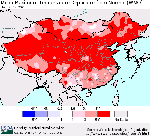 China, Mongolia and Taiwan Mean Maximum Temperature Departure from Normal (WMO) Thematic Map For 2/8/2021 - 2/14/2021