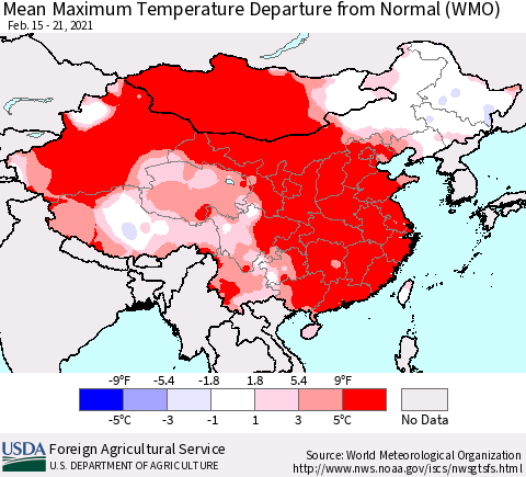 China, Mongolia and Taiwan Mean Maximum Temperature Departure from Normal (WMO) Thematic Map For 2/15/2021 - 2/21/2021