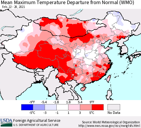 China, Mongolia and Taiwan Mean Maximum Temperature Departure from Normal (WMO) Thematic Map For 2/22/2021 - 2/28/2021