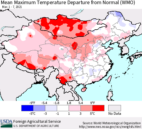 China, Mongolia and Taiwan Mean Maximum Temperature Departure from Normal (WMO) Thematic Map For 3/1/2021 - 3/7/2021