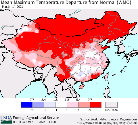 China, Mongolia and Taiwan Mean Maximum Temperature Departure from Normal (WMO) Thematic Map For 3/8/2021 - 3/14/2021