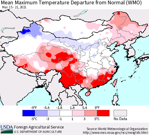 China, Mongolia and Taiwan Mean Maximum Temperature Departure from Normal (WMO) Thematic Map For 3/15/2021 - 3/21/2021