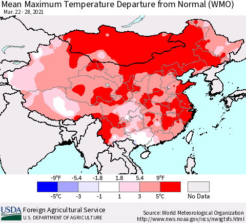 China, Mongolia and Taiwan Mean Maximum Temperature Departure from Normal (WMO) Thematic Map For 3/22/2021 - 3/28/2021