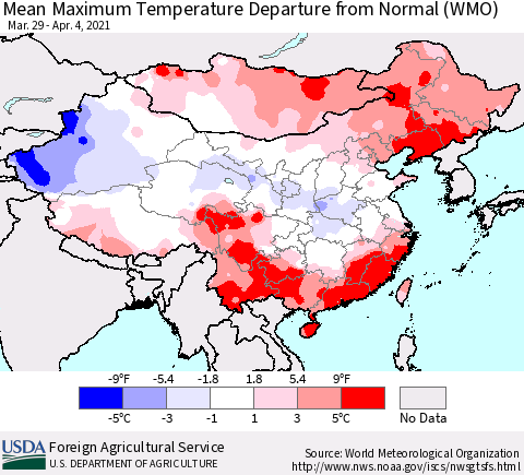 China, Mongolia and Taiwan Mean Maximum Temperature Departure from Normal (WMO) Thematic Map For 3/29/2021 - 4/4/2021