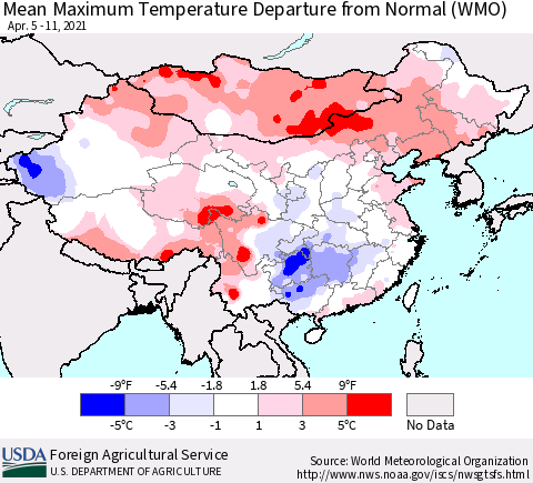 China, Mongolia and Taiwan Mean Maximum Temperature Departure from Normal (WMO) Thematic Map For 4/5/2021 - 4/11/2021