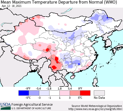 China, Mongolia and Taiwan Mean Maximum Temperature Departure from Normal (WMO) Thematic Map For 4/12/2021 - 4/18/2021