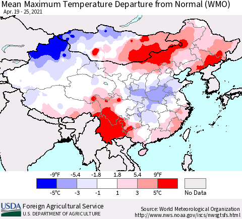China, Mongolia and Taiwan Mean Maximum Temperature Departure from Normal (WMO) Thematic Map For 4/19/2021 - 4/25/2021
