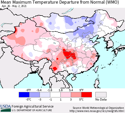 China, Mongolia and Taiwan Mean Maximum Temperature Departure from Normal (WMO) Thematic Map For 4/26/2021 - 5/2/2021