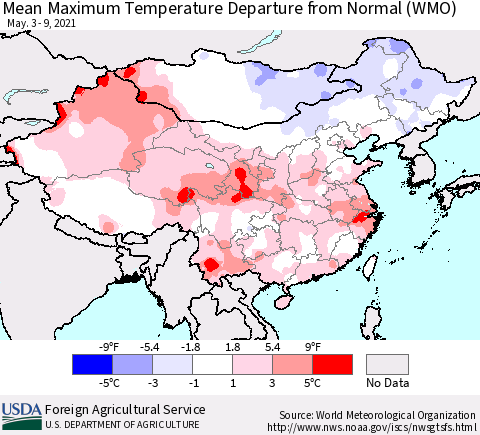 China, Mongolia and Taiwan Mean Maximum Temperature Departure from Normal (WMO) Thematic Map For 5/3/2021 - 5/9/2021