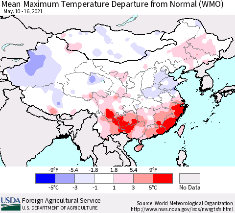 China, Mongolia and Taiwan Mean Maximum Temperature Departure from Normal (WMO) Thematic Map For 5/10/2021 - 5/16/2021