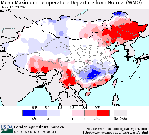 China, Mongolia and Taiwan Mean Maximum Temperature Departure from Normal (WMO) Thematic Map For 5/17/2021 - 5/23/2021