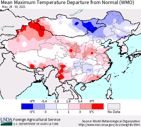 China, Mongolia and Taiwan Mean Maximum Temperature Departure from Normal (WMO) Thematic Map For 5/24/2021 - 5/30/2021